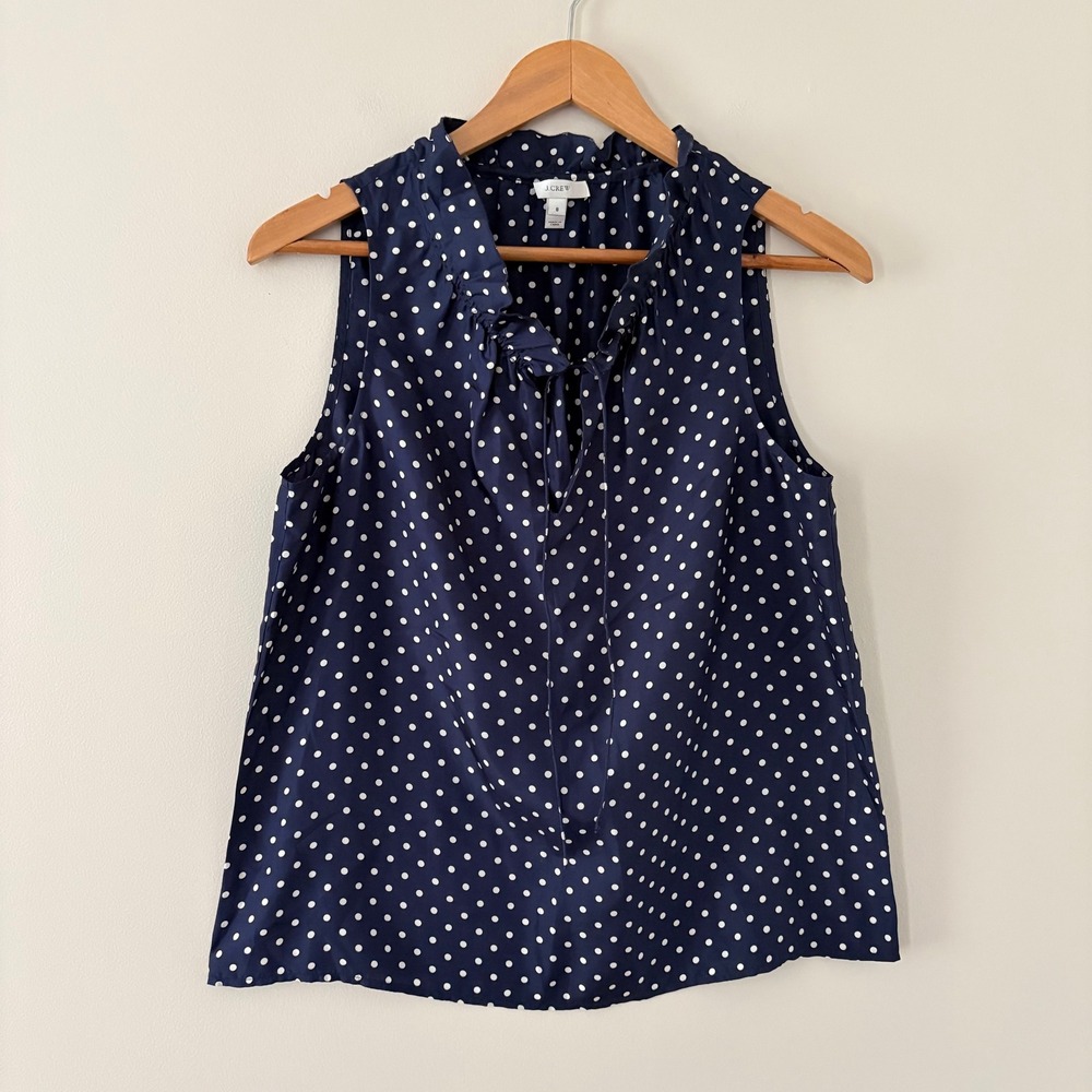J.Crew Blouse 100% Silk Polka Dot 8 Navy Blue Ruffle Tie Neck Sleeveless Shell